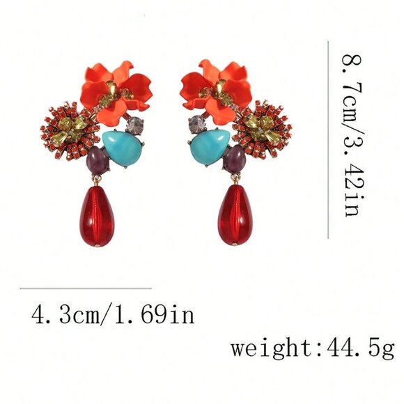 Preppy Women's Vintage Floral Crystal-Embellished Teardrop Earrings - Picture 6 of 8